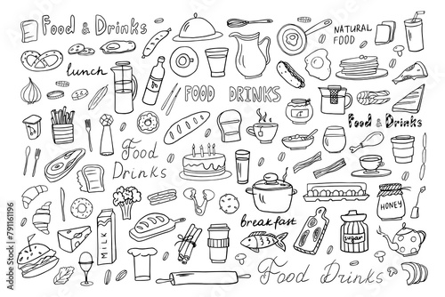 Large set of food and drinks. Healthy food and fast food ingredients in doodle style with lettering in vector. Great for menu design, banners, sites, packaging. Vector illustration EPS10