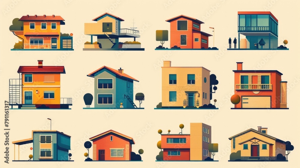 Geometric Flat Icons Highlighting Homes Architectural Elements in an Abstract Style