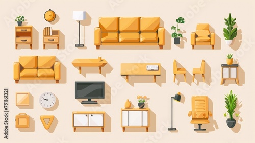 Essential Living Room Furniture Illuminated by Warm Sunshine in a Flat Icon Set