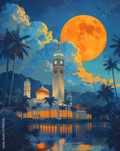 Brunei Darussalam Southeast Asia art painting vibrant moon building large photo
