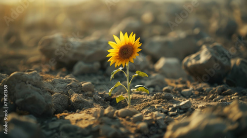 In the middle of a deserted wasteland a lone sunflower blooms a symbol of hope and resilience in the face of a harsh and isolating environment. .