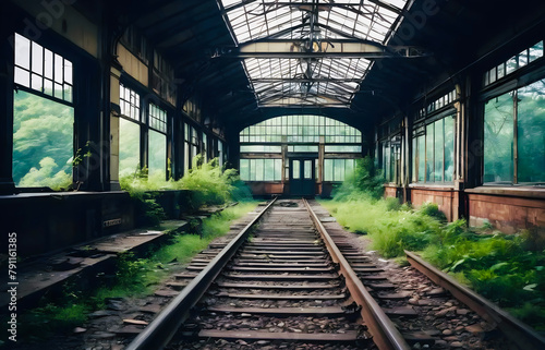 An abandoned railway station is completely overgrown with greenery.