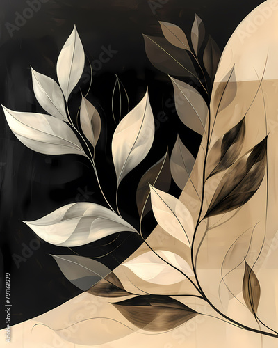Black and white abstract painting of leaves with wavy lines and organic shapes, bold stencil, beige, holotone print, close-up photo