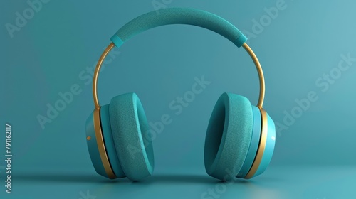 Blank mockup of retrostyle overear headphones in a vibrant blue color with a gold accent on the ear cups. . photo