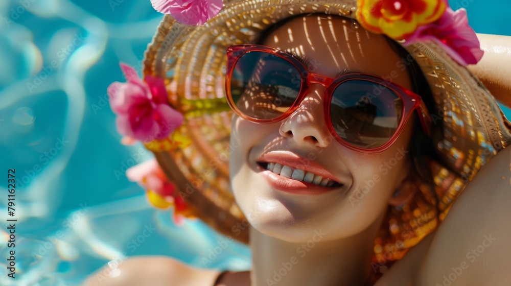 Fototapeta premium Portrait of sexy cheerful woman relaxing at the luxury poolside. Girl at travel spa resort pool. Summer luxury vacation. 