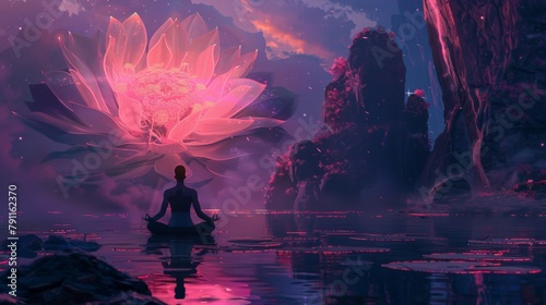A digital art piece of an ethereal being meditating in front of the lotus flower, with vibrant colors and glowing energy emanating from it