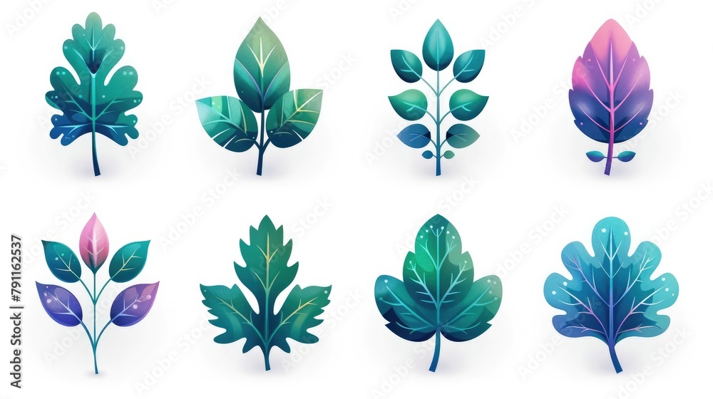 Stylized Cartoon Leaves Gradient Icons Playful Green Blue and Pink Theme