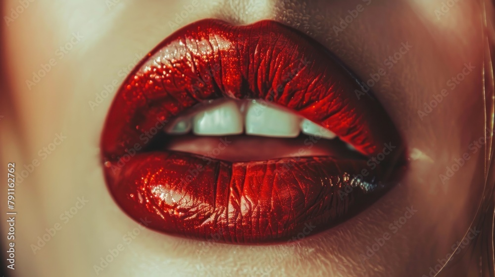 Fototapeta premium Close-up of luscious red lips slightly parted, showcasing a glamorous, shiny lipstick with a textured, metallic finish.
