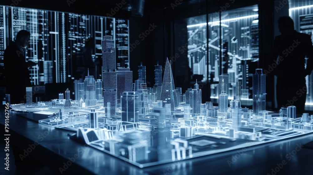 Group of business partners meeting present with modern buildings hologram. Real estate business and building technology concepts. Group of business partners meeting present with modern buildings hologram. Real estate business and building technology concepts.