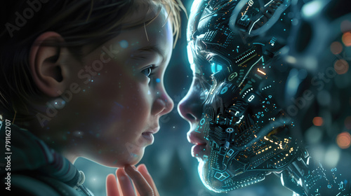 En encuentro con la inteligencia artificial cara a cara, niño humano observando a un robot o cyborg.