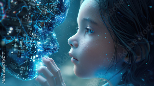 Cyborg de Inteligencia artificial IA manifestada en la robótica enfrentándose cara cara a un niño humano. Concepto sobre el avance de las tecnologías futuras.