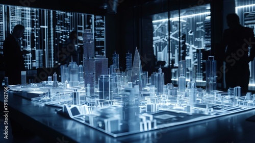 Group of business partners meeting present with modern buildings hologram. Real estate business and building technology concepts.