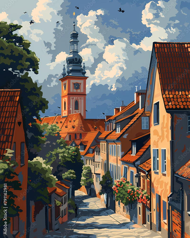 Obraz premium Poland, Europe - a vibrant street art painting with a focus on the art aspect, featuring a tower in the background