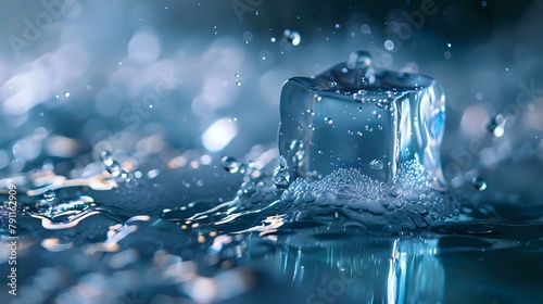 Gentle Reflections: Ice Cube and Reflective Water Droplets