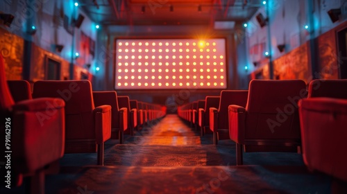 Theatrical Setting With Red Chairs and Blue Lights