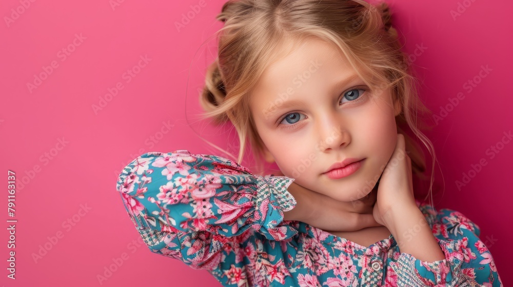 Full size photo of gorgeous adorable cute girl dressed stylish blouse flying hold arms on cheekbones isolated on pink color background Full size photo of gorgeous adorable cute girl dressed stylish blouse flying hold arms on cheekbones isolated on pink color background