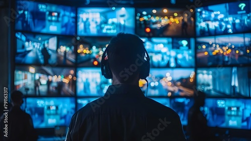 Security guards in control room monitoring for safety and emergency response. Concept Security, Monitoring, Control Room, Safety, Emergency Response