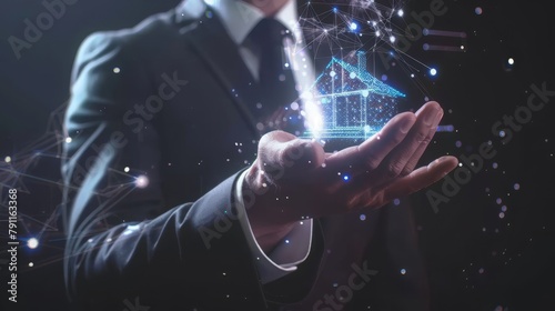 Businessman shows concept hologram 3d house on his hand. Man in business suit with future technology screen and modern cosmic background