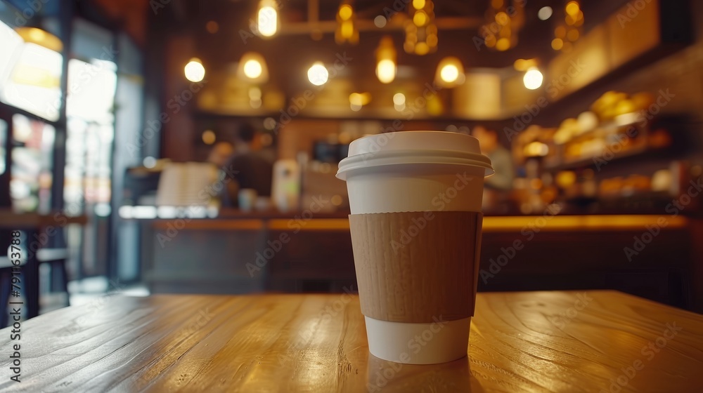 Coffee cup on wooden table in cafe. Coffee shop background