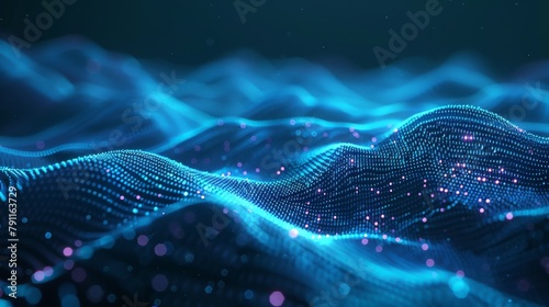 science fiction background of glowing particles with depth of field and bokeh. Particles form line and abstract surface grid. 3d rendering V4 dark background spheres