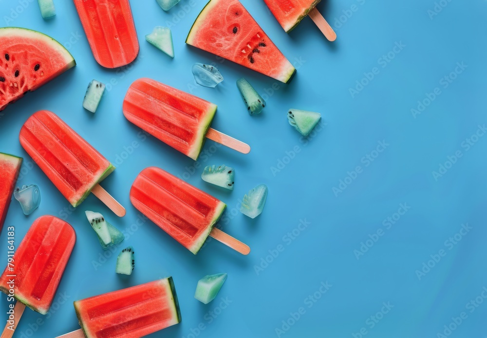 Watermelon Popsicles on a Blue Background Watermelon Popsicles on a Blue Background