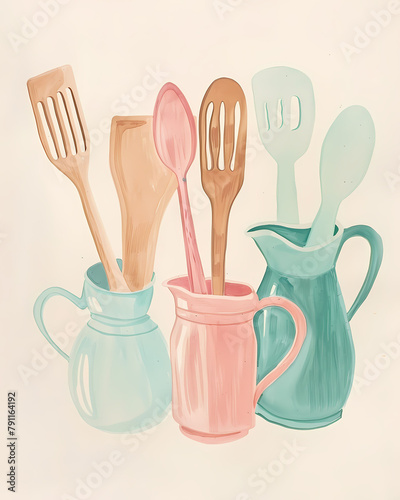 Gouache Painted Kitchen Utensils: Matisse Style Jug and Cups on Tabletop, Minimalist Pastel Colors