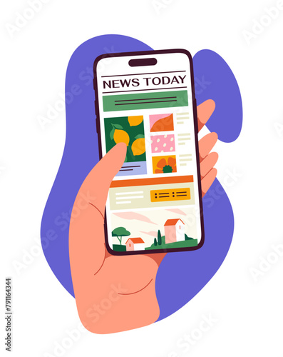 A hand holding a smartphone displaying a colorful news app interface, modern flat style, on an abstract purple and white background, concept of staying informed. Vector illustration © Rudzhan
