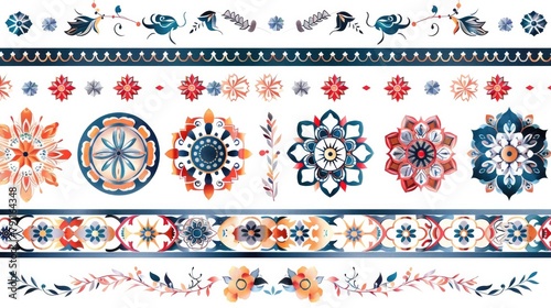 Geometric Border Pattern Set Featuring Intricate Mandalas in Flat Style and White Background