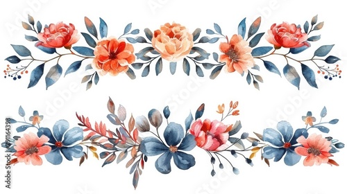 HandPainted Watercolor Border Pattern Set in Flat Style photo