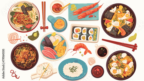Collection of hand drawn dishes of Asian cuisine is