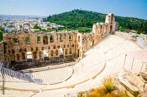 Panoramic view of Odeon of Herodes Atticus below the Acropolis, Athens, capital of Greece.