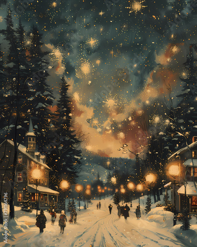 Festive Vintage Winter Street Scene Painting with People Walking in Snow  New Years Eve Celebration in a Snowy Country Town
