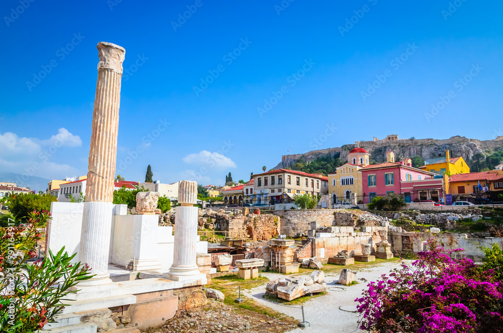 Beautiful Hadrian's Library in Monastiraki square, Plaka District, Athens, Greece.