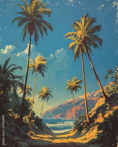 Vibrant Art Depiction of Californian Beach with Palm Trees