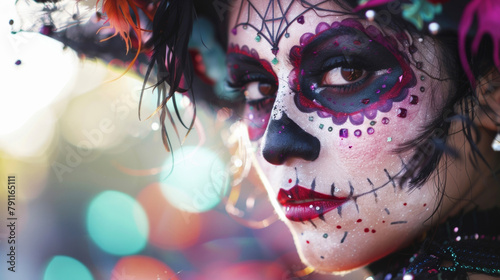 A daring acrobat her costume embellished with spider webs and her face painted like a sugar skull. .