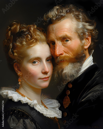 Historical Art Painting, 1800s Couple in Black Gaze at Viewer, Vibrant Artwork