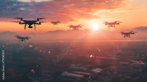 A defocused background image of multiple drones and air taxis flying in formation against a picturesque sunset. The outoffocus details highlight the speed and efficiency of these revolutionary .