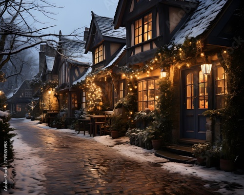 Night view of a snowy street in the city with Christmas decorations.