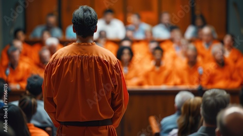 Court of Law and Justice Trial Proceedings: Law Offender in Orange Jumpsuit is Questioned and Giving Testimony to Judge, Jury. Criminal Denying Charges, Pleading. copy space for text. photo