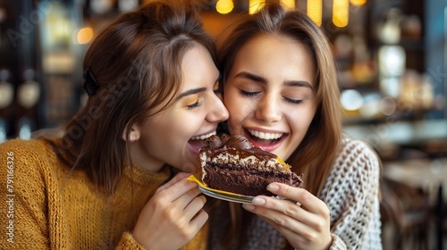 Excited Girlfriends Enjoying Delicious Desserts in a Cozy City Cafe. Portrait of a Beautiful Young Female Trying a Slice of a Tasty Chocolate Cake  Closing Her Eyes.