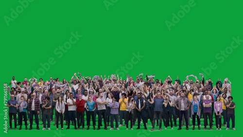 Big crowd of supportive sports fans gesticulate and shout watching football match on stadium. Group of multiethnic people cheering for soccer team playing in international championship. Chroma key.