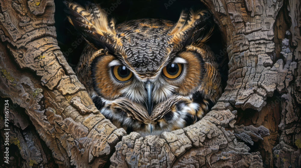 A Great Horned Owl looking out from the knot of a tree. A Great Horned Owl looking out from the knot of a tree.