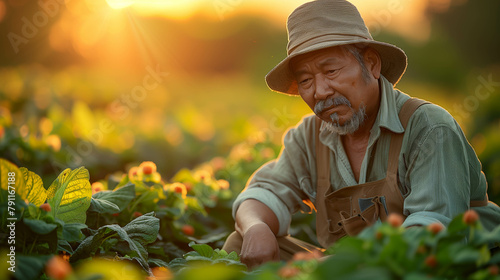 Tired farmer concept. Asian farmer is working in the field of tobacco tree, sitting and feeling quite bad, sick and headache.
 photo