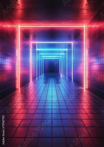 Neon-Lit Hallway With Tiled Floor
