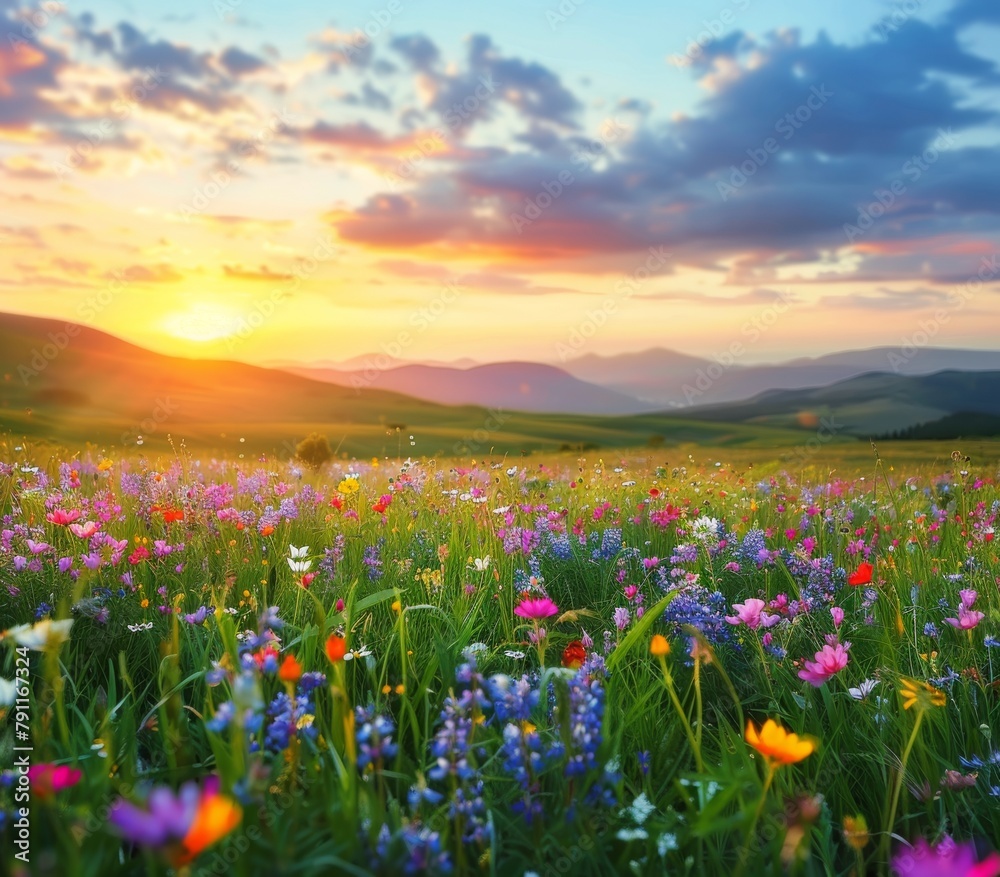 Vibrant Wildflowers Field With Majestic Mountain Background