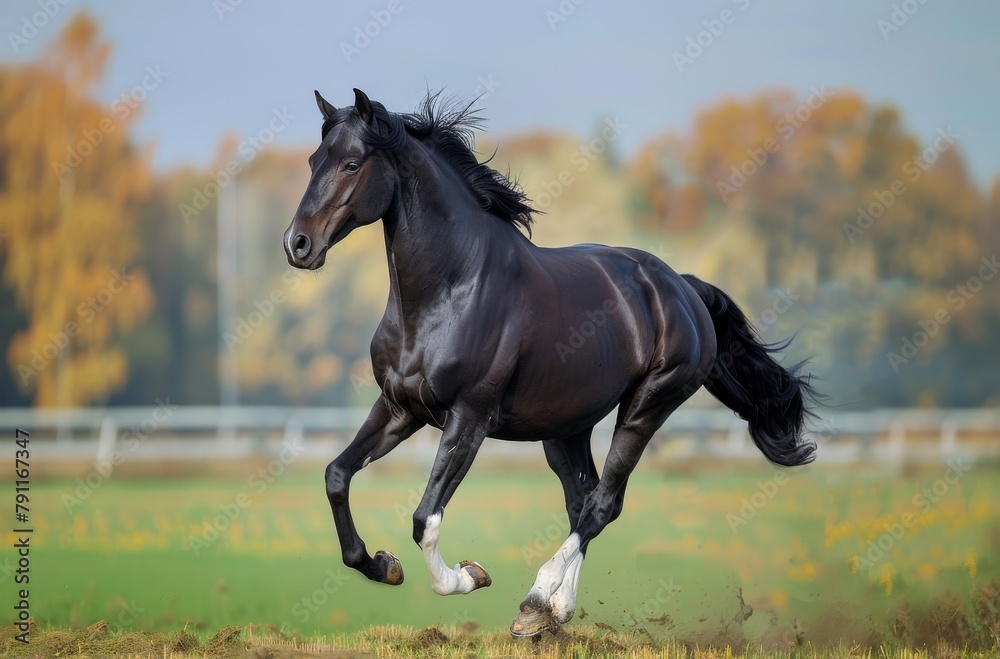 Obraz premium Black Horse Galloping in Field