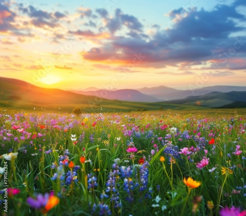 Vibrant Wildflowers Field With Majestic Mountain Background © ArtCookStudio