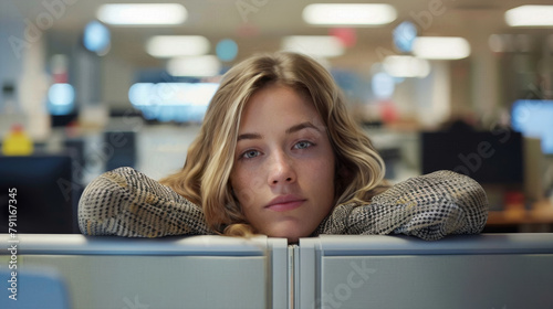 A pretty female office worker taking a break and looking over her cubicle. photo