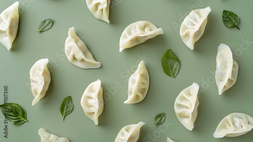 Dumplings isolated on a light green background. Dumplings, dumplings, dumplings, filled pies. Modeling, photo above