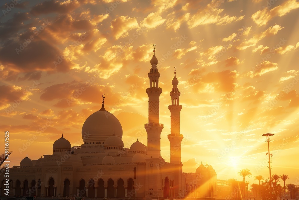 A mosque with two minaret silhouetted against a sunset sky